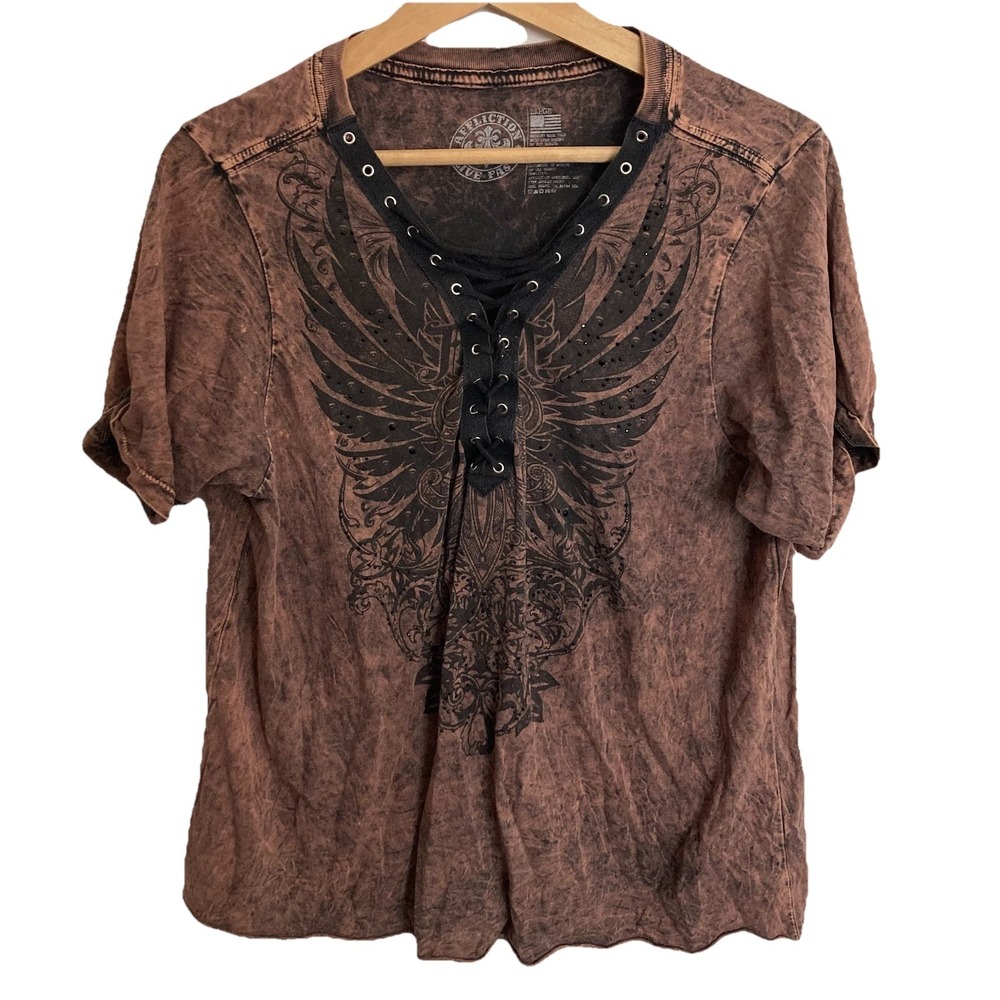 Affliction Acid Washed Lace Up V Neck T Shirt Womens Large 100% Cotton 40" Chest